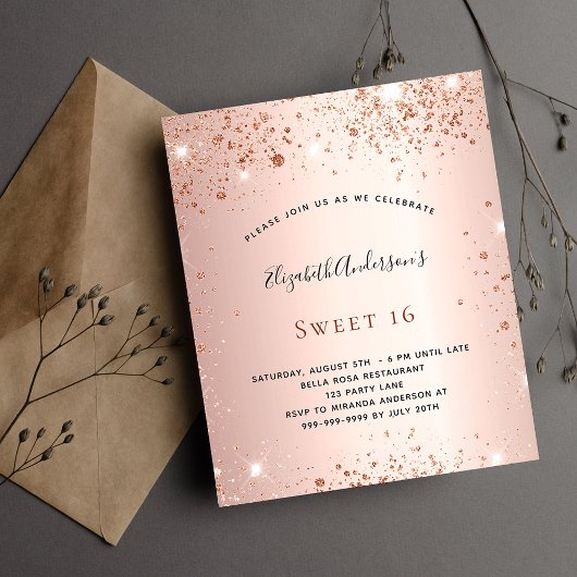 Sweet 16 rose gold party budget invitation flyer