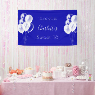 Sweet 16 royal blue ballons party spandoek
