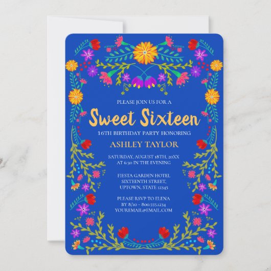 Sweet 16 Royal Blue Fiesta Bloemen 16e verjaardag Kaart (Voorkant)