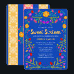 Sweet 16 Royal Blue Fiesta Bloemen 16e verjaardag Kaart<br><div class="desc">Royal Blue Sweet 16 Uitnodiging voor de 16e verjaardag van uw dochter. Dit bloementhema heeft felle en kleurrijke Mexicaanse volkskunstbloemen in rood, roze, paarse en geel op een koningsblauwe achtergrond. De achterkant van de kaart heeft bloemenpapel picado en meer bloemen. De sjabloon is klaar voor u om de kaart met...</div>