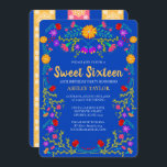 Sweet 16 Royal Blue Fiesta Bloemen 16e verjaardag Kaart<br><div class="desc">Royal Blue Sweet 16 Uitnodiging voor de 16e verjaardag van uw dochter. Dit bloementhema heeft felle en kleurrijke Mexicaanse volkskunstbloemen in rood, roze, paarse en geel op een koningsblauwe achtergrond. De achterkant van de kaart heeft bloemenpapel picado en meer bloemen. De sjabloon is klaar voor u om de kaart met...</div>