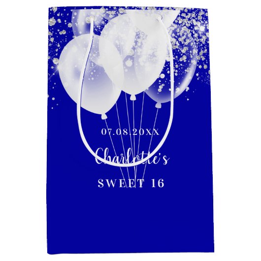 Sweet 16 royal blue glitter ballonnen name medium cadeauzakje (Voorkant)
