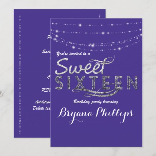 Sweet 16 Royal Blue Glitter Sliver Party Glam Kaart (Voorkant / Achterkant)