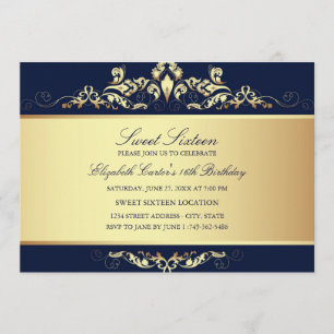Sweet 16   Royal Blue & Gold Damask Uitnodiging