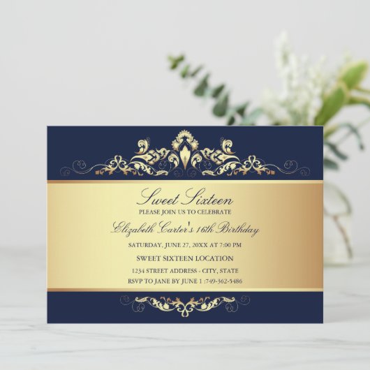 Sweet 16 | Royal Blue & Gold Damask Uitnodiging (Staand voorkant)