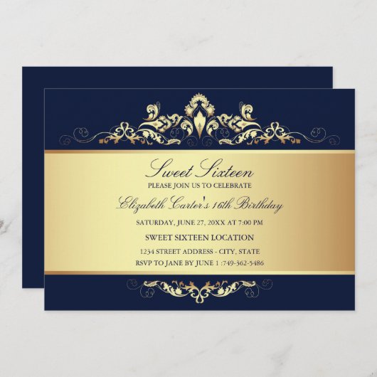 Sweet 16 | Royal Blue & Gold Damask Uitnodiging (Voorkant / Achterkant)