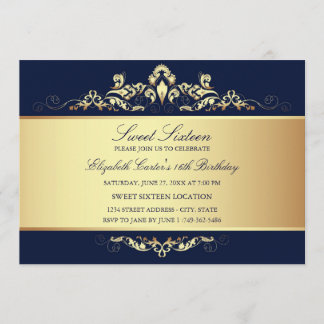 Sweet 16 | Royal Blue & Gold Damask Uitnodiging
