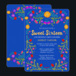 Sweet 16 Royal Blue Mexican Fiesta Floral Birthday Kaart<br><div class="desc">Royal Blue Sweet 16 Uitnodiging voor de 16e verjaardag van uw dochter. Dit bloementhema heeft felle en kleurrijke Mexicaanse volkskunstbloemen in rood, roze, paarse en geel op een koningsblauwe achtergrond. De achterkant van de kaart is omzoomd met meer bloemen. De sjabloon is klaar voor u om de kaart met al...</div>