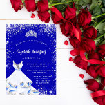 Sweet 16 royal blue Silver jurk tiara glamoureus Uitnodiging Briefkaart<br><div class="desc">Een trendy en glamoureuze uitnodiging voor een Sweet 16, 16e verjaardagsfeestje. Een koninklijke blauwe achtergrond met faux zilveren glitter stof, een tiara en een jurk. De naam wordt geschreven met een modern handgeschreven stijlmanuscript met letters. Pas je partijgegevens aan en voeg deze toe. Achterzijde: royal blue background color. U kunt...</div>
