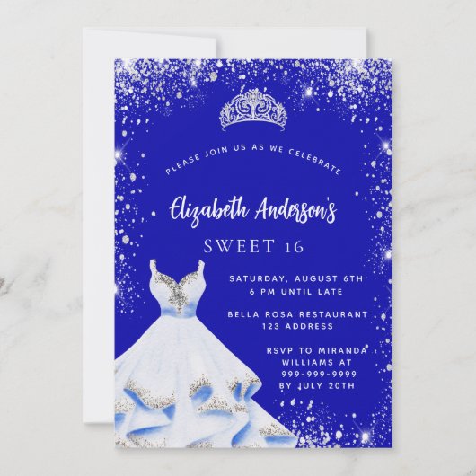 Sweet 16 royal blue Silver jurk tiara luxe Kaart (Voorkant)