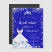 Sweet 16 royal blue Silver jurk tiara luxe Magnetische Uitnodiging (Voorkant / Achterkant)