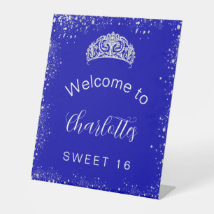 Sweet 16 royal blue Silver welkom Reclamebord Met Voetstuk