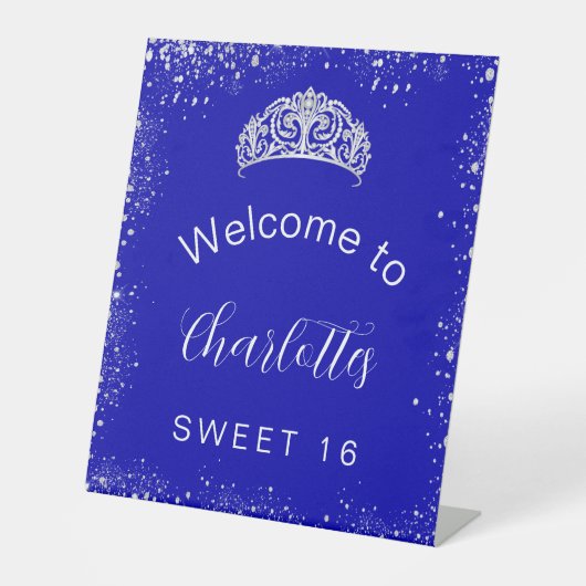 Sweet 16 royal blue Silver welkom Reclamebord Met Voetstuk (Voorkant)