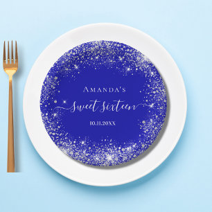 Sweet 16 royal blue zilver glitter monogram papieren bordje