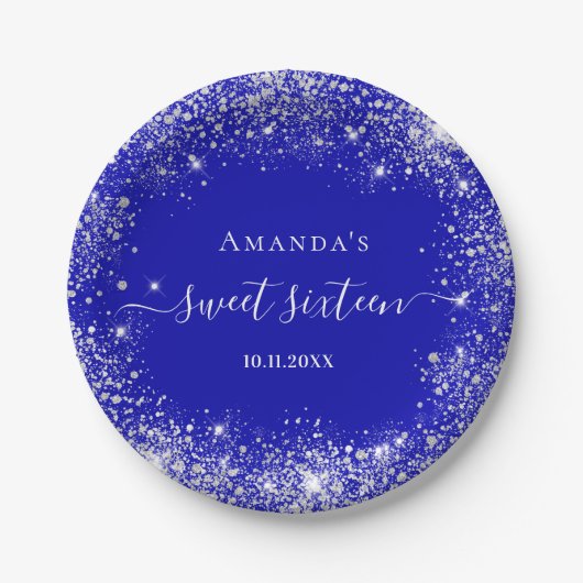Sweet 16 royal blue zilver glitter monogram papieren bordje (Voorkant)