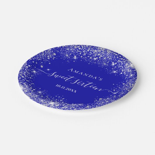 Sweet 16 royal blue zilver glitter monogram papieren bordje (Gekanteld)