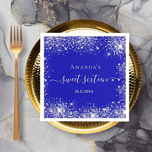Sweet 16 royal blue zilver glitter stofmonogram servet