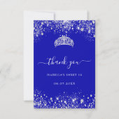 Sweet 16 royal blue zilver glitter tiara bedankkaart (Voorkant)