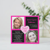 Sweet 16 Roze Black Bling Heart Photo-uitnodiginge Kaart (Staand voorkant)