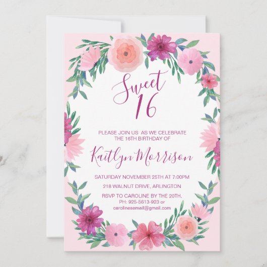 Sweet 16 roze bloemige verjaardagsuitnodigingen kaart (Voorkant)