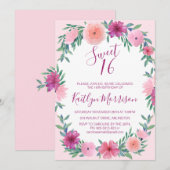 Sweet 16 roze bloemige verjaardagsuitnodigingen kaart (Voorkant / Achterkant)