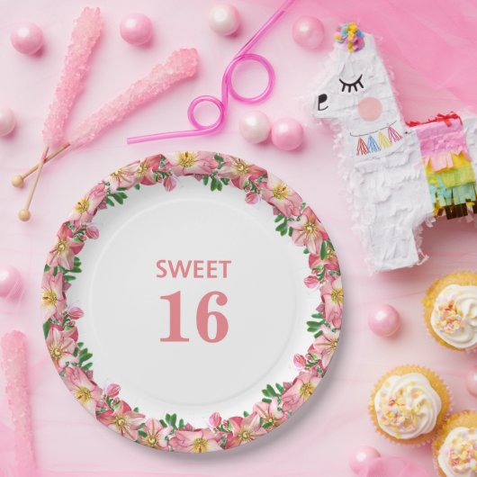 Sweet 16 Roze bloemkool op wit Papieren Bordje (Feest)