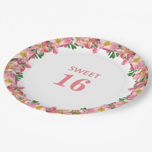 Sweet 16 Roze bloemkool op wit Papieren Bordje (Gekanteld)