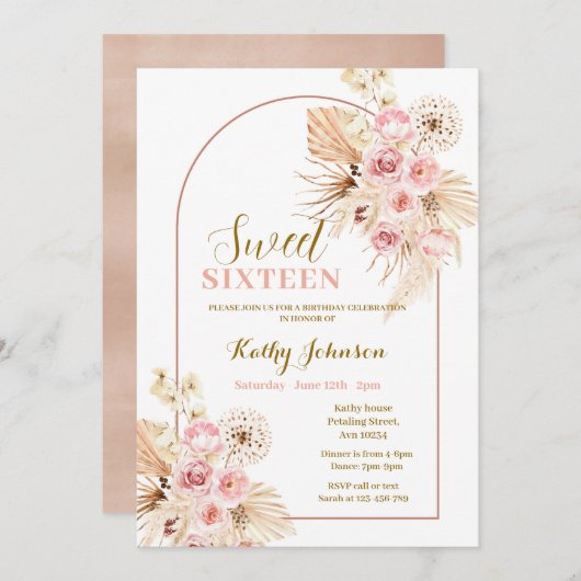 Sweet 16 Roze Boho Pampas Grass Girl Uitnodiging (Voorkant / Achterkant)