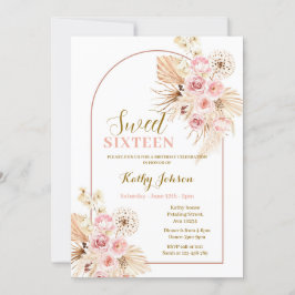 Sweet 16 Roze Boho Pampas Grass Girl Uitnodiging