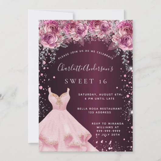 Sweet 16 roze bordeaux glitter jurk bloemenkledij kaart (Voorkant)