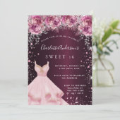 Sweet 16 roze bordeaux glitter jurk bloemenkledij kaart (Staand voorkant)