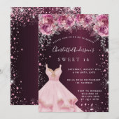 Sweet 16 roze bordeaux glitter jurk bloemenkledij kaart (Voorkant / Achterkant)
