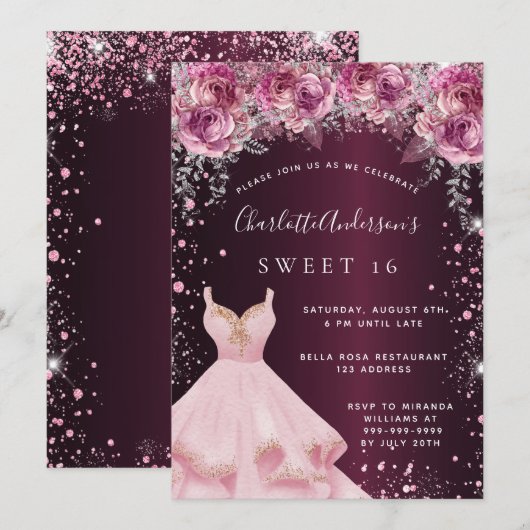 Sweet 16 roze bordeaux glitter jurk bloemenkledij kaart (Voorkant / Achterkant)