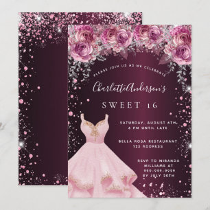 Sweet 16 roze bordeaux glitter jurk bloemenkledij kaart