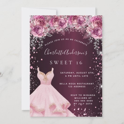 Sweet 16 roze bordeaux glitter jurk bloemenkledij kaart (Voorkant)