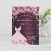Sweet 16 roze bordeaux glitter jurk bloemenkledij kaart (Staand voorkant)