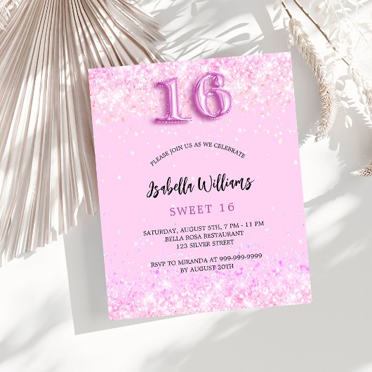 Sweet 16 roze confetti meisje budget uitnodiging flyer
