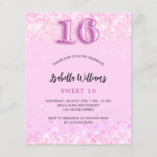 Sweet 16 roze confetti meisje budget uitnodiging flyer (Voorkant)