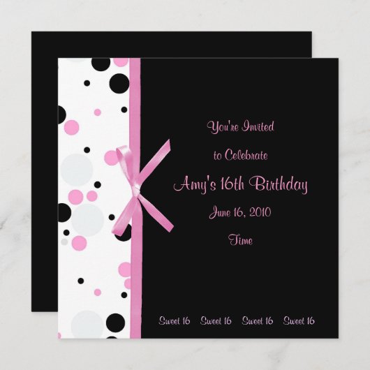 Sweet 16 Roze en Black Polka Dot Invitation Kaart (Voorkant / Achterkant)