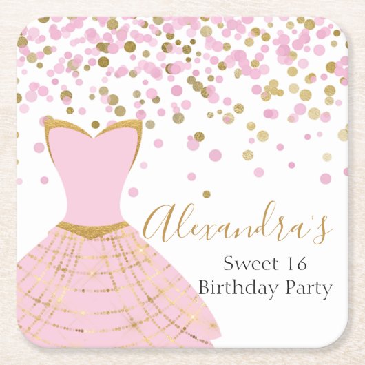 Sweet 16 Roze en Gouden Folie Jurk Kartonnen Onderzetters (Voorkant)