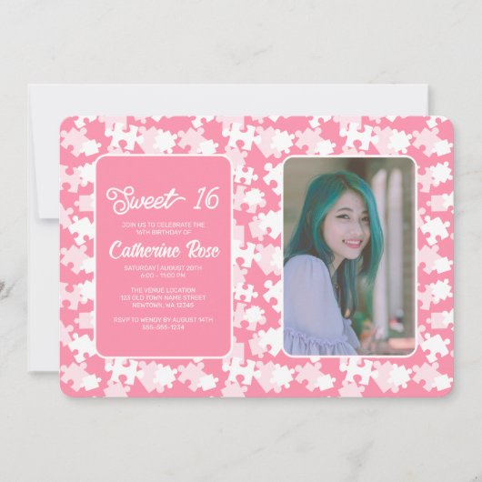 Sweet 16 roze en witte puzzel foto kaart (Voorkant)