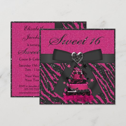 Sweet 16 Roze en zwarte rok Faux Glitter Zebra Kaart (Voorkant / Achterkant)