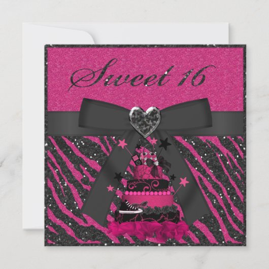 Sweet 16 Roze en zwarte rok Faux Glitter Zebra Kaart (Voorkant)
