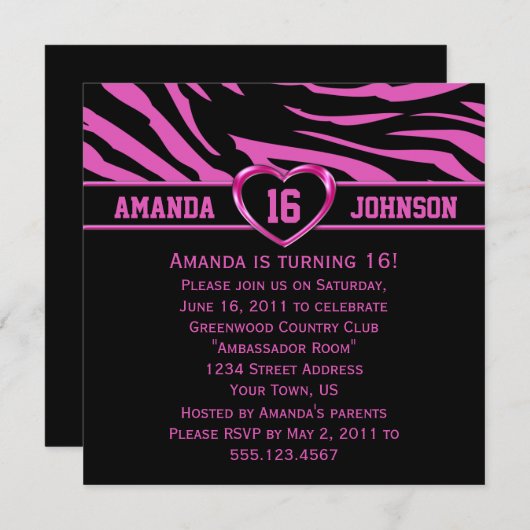 Sweet 16 Roze en Zwarte Zebra Afdrukroze hart Kaart (Voorkant / Achterkant)