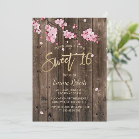 Sweet 16 Roze Floral Cherry Blossom Barn Wood Kaart (Staand voorkant)