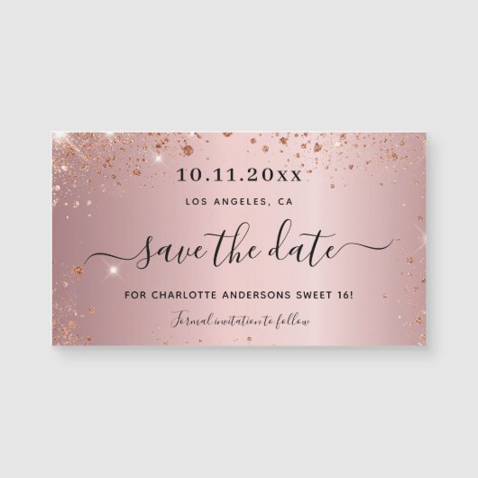 Sweet 16 roze glans save the date-magneet (Voorkant)