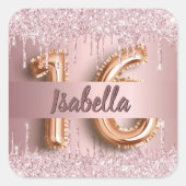 Sweet 16 roze glitter druipt naam vierkante sticker (Voorkant)