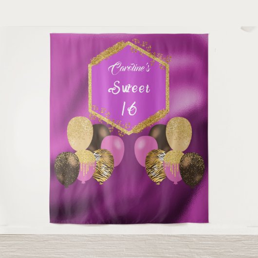 Sweet 16 Roze Glitter & Glitter Feestballonnen Wandkleed (Voorkant)