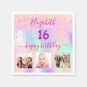 Sweet 16 roze glitter holografische foto naam servet
