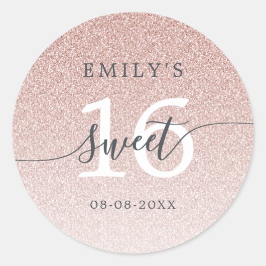 Sweet 16 Roze Glitter Ombre Aangepaste Naam Datum  Ronde Sticker (Voorkant)